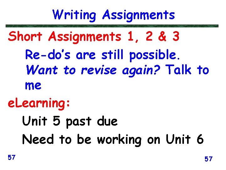 Writing Assignments Short Assignments 1, 2 & 3 Re-do’s are still possible. Want to