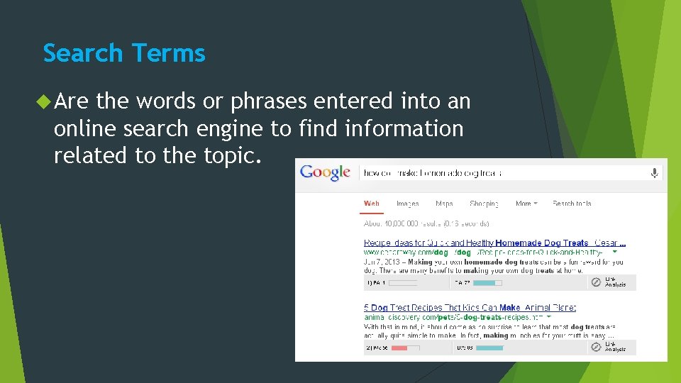 Search Terms Are the words or phrases entered into an online search engine to