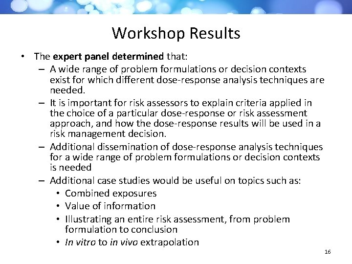 Workshop Results • The expert panel determined that: – A wide range of problem