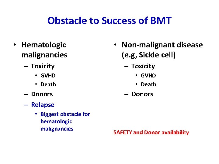 Obstacle to Success of BMT • Hematologic malignancies • Non-malignant disease (e. g, Sickle