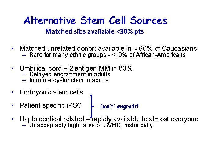 Alternative Stem Cell Sources Matched sibs available <30% pts • Matched unrelated donor: available