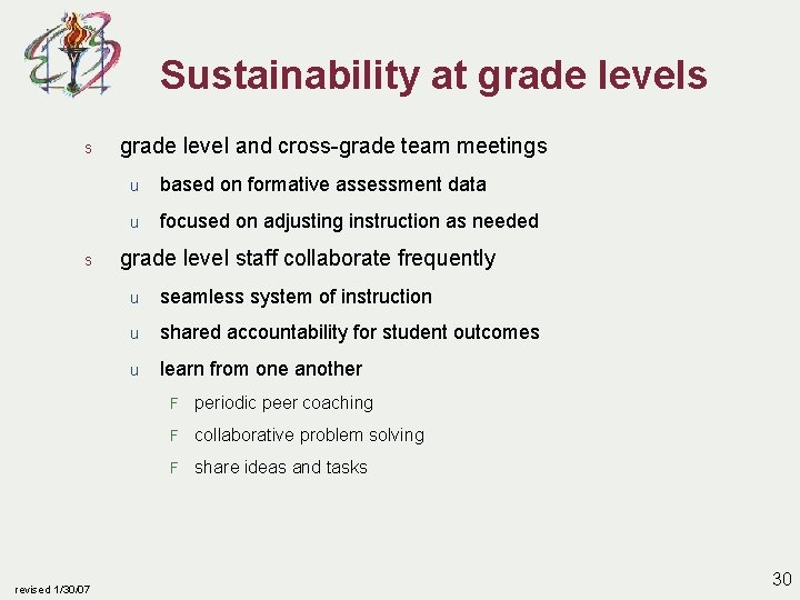 Sustainability at grade levels s s revised 1/30/07 grade level and cross-grade team meetings