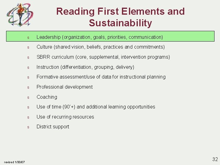 Reading First Elements and Sustainability revised 1/30/07 s Leadership (organization, goals, priorities, communication) s