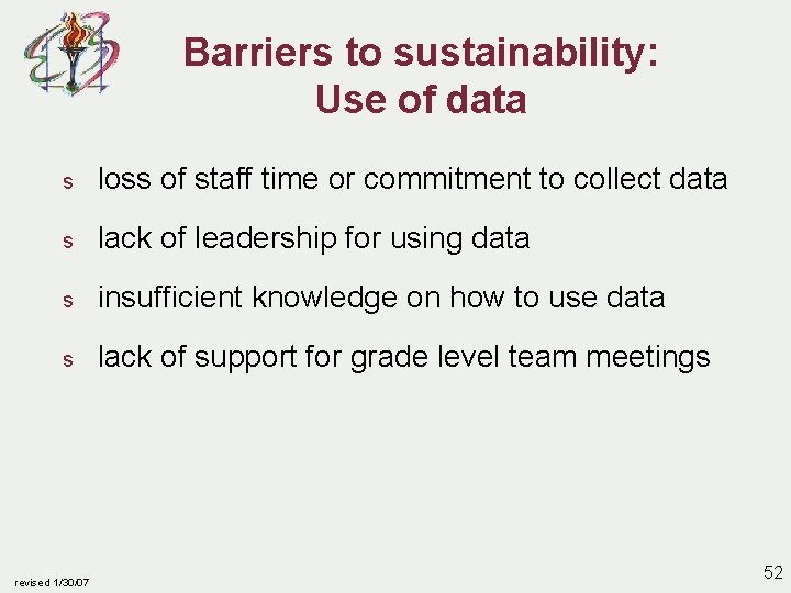 Barriers to sustainability: Use of data s loss of staff time or commitment to