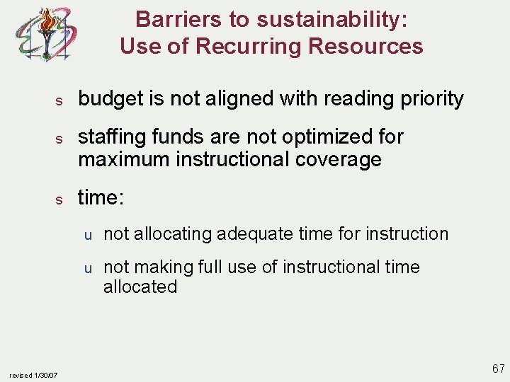 Barriers to sustainability: Use of Recurring Resources s budget is not aligned with reading