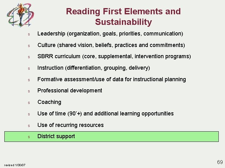 Reading First Elements and Sustainability revised 1/30/07 s Leadership (organization, goals, priorities, communication) s