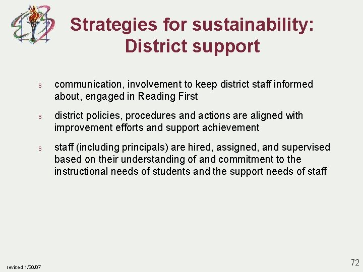 Strategies for sustainability: District support s communication, involvement to keep district staff informed about,
