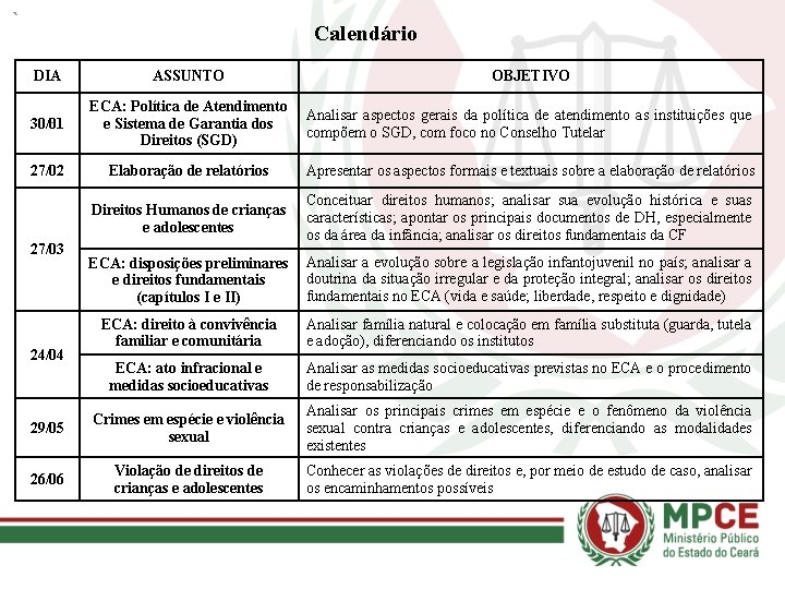 Calendário DIA ASSUNTO OBJETIVO 30/01 ECA: Política de Atendimento e Sistema de Garantia dos