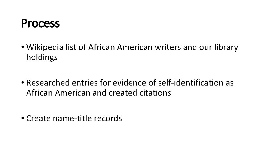 Process • Wikipedia list of African American writers and our library holdings • Researched