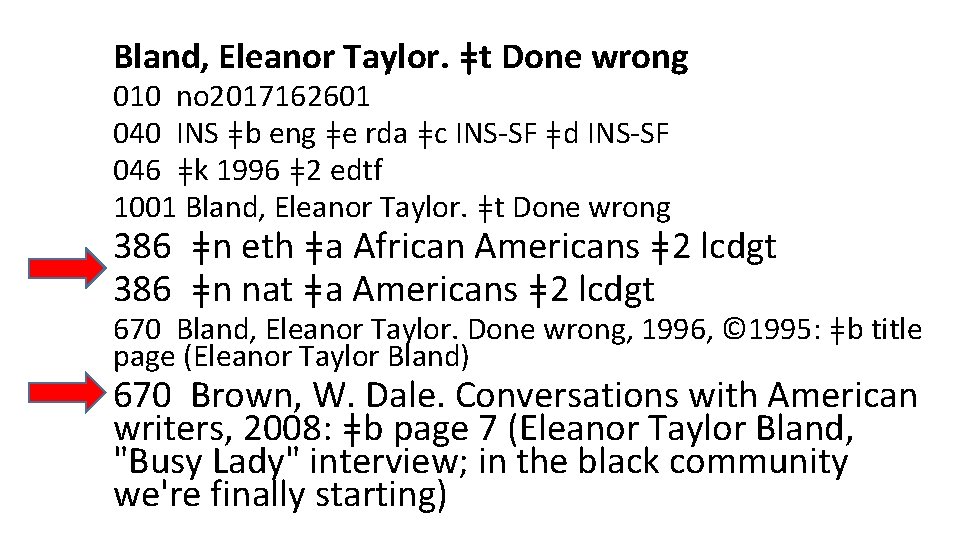 Bland, Eleanor Taylor. ǂt Done wrong 010 no 2017162601 040 INS ǂb eng ǂe