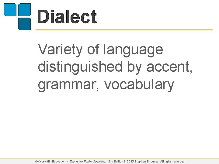 Dialect Variety of language distinguished by accent, grammar, vocabulary Mc. Graw-Hill Education ∙ The