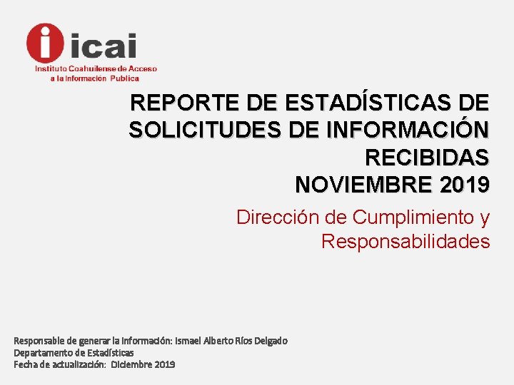 REPORTE DE ESTADÍSTICAS DE SOLICITUDES DE INFORMACIÓN RECIBIDAS NOVIEMBRE 2019 Dirección de Cumplimiento y