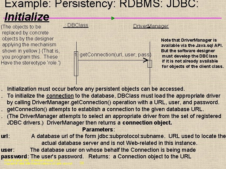 Example: Persistency: RDBMS: JDBC: Initialize : DBClass : Driver. Manager (The objects to be