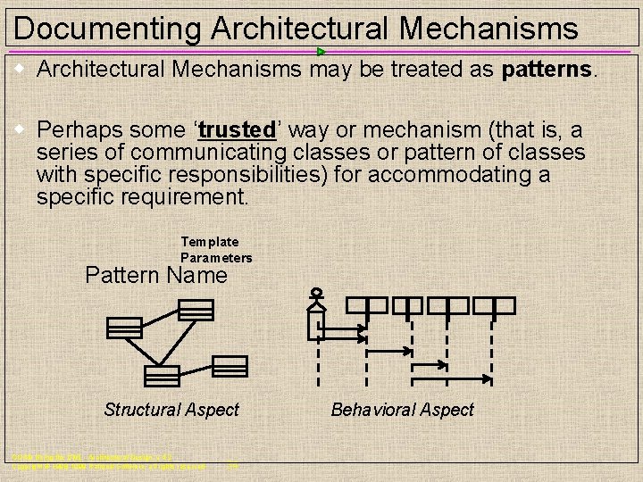 Documenting Architectural Mechanisms w Architectural Mechanisms may be treated as patterns. w Perhaps some