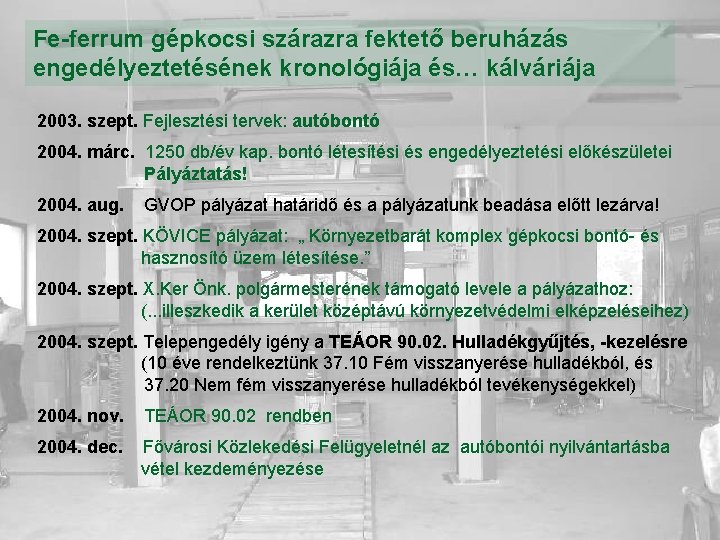 Fe-ferrum gépkocsi szárazra fektető beruházás engedélyeztetésének kronológiája és… kálváriája 2003. szept. Fejlesztési tervek: autóbontó