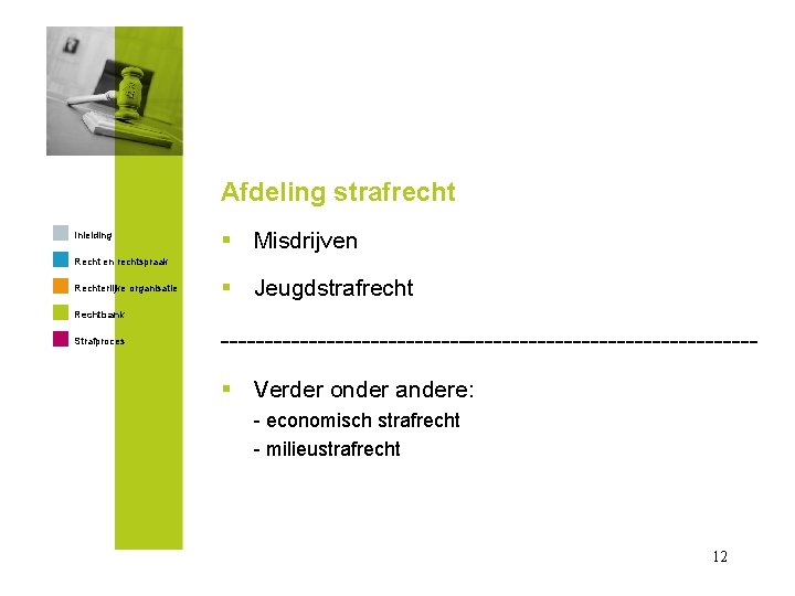 Afdeling strafrecht Inleiding § Misdrijven Recht en rechtspraak Rechterlijke organisatie § Jeugdstrafrecht Rechtbank Strafproces