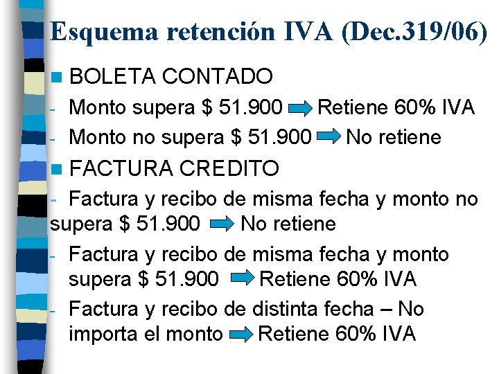 Esquema retención IVA (Dec. 319/06) n BOLETA CONTADO Monto supera $ 51. 900 Retiene