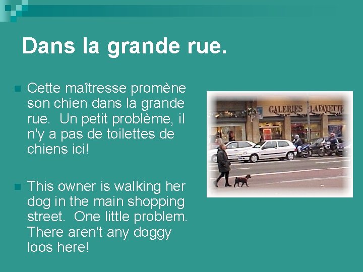 Dans la grande rue. n Cette maîtresse promène son chien dans la grande rue.