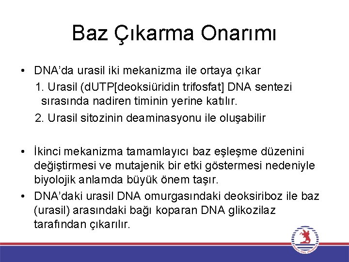 Baz Çıkarma Onarımı • DNA’da urasil iki mekanizma ile ortaya çıkar 1. Urasil (d.