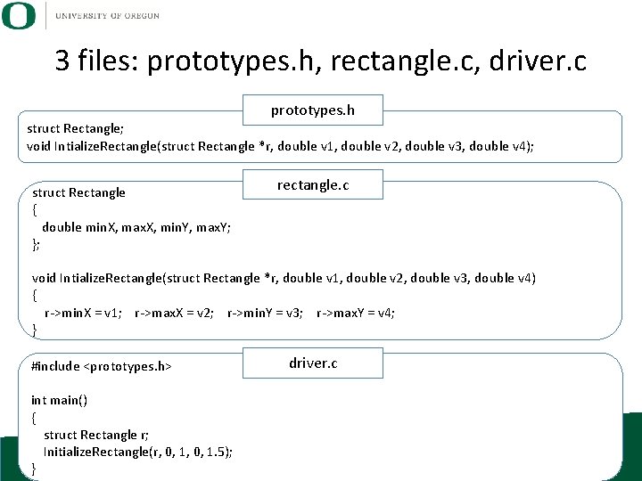 3 files: prototypes. h, rectangle. c, driver. c prototypes. h struct Rectangle; void Intialize.