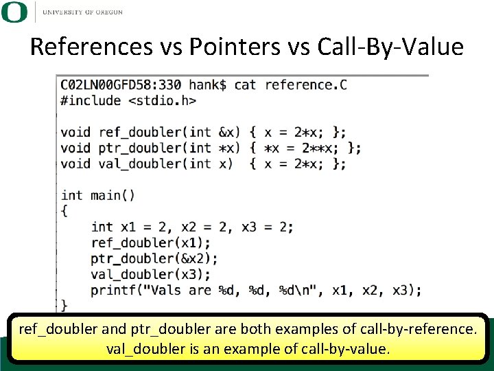 References vs Pointers vs Call-By-Value ref_doubler and ptr_doubler are both examples of call-by-reference. val_doubler