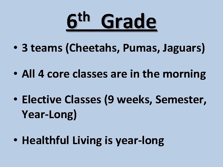 th 6 Grade • 3 teams (Cheetahs, Pumas, Jaguars) • All 4 core classes