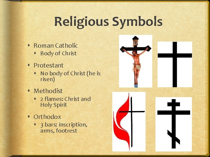Religious Symbols Roman Catholic Body of Christ Protestant No body of Christ (he is