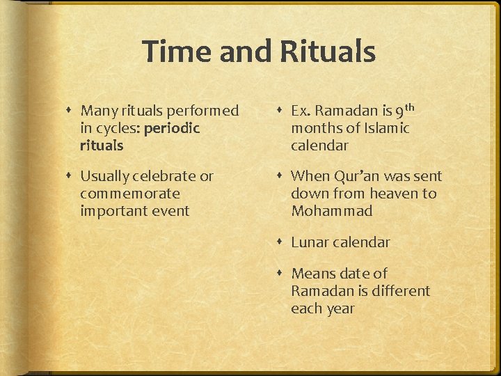 Time and Rituals Many rituals performed in cycles: periodic rituals Ex. Ramadan is 9