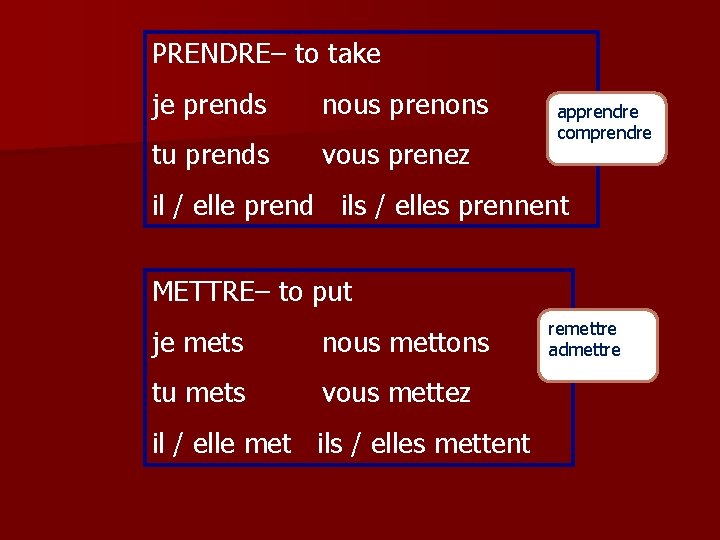 PRENDRE– to take je prends nous prenons tu prends vous prenez apprendre comprendre il