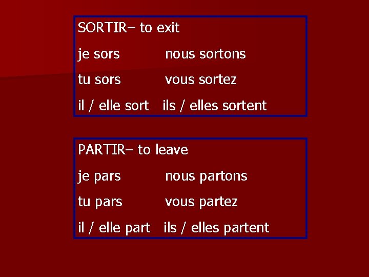 SORTIR– to exit je sors nous sortons tu sors vous sortez il / elle