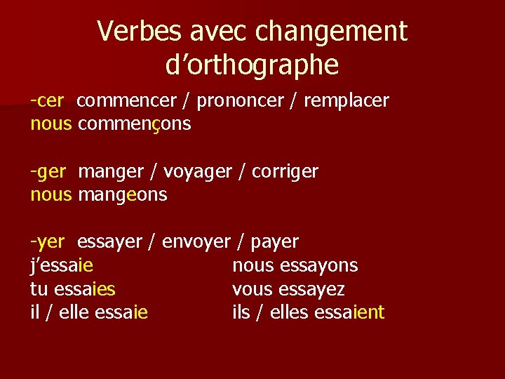 Verbes avec changement d’orthographe -cer commencer / prononcer / remplacer nous commençons -ger manger