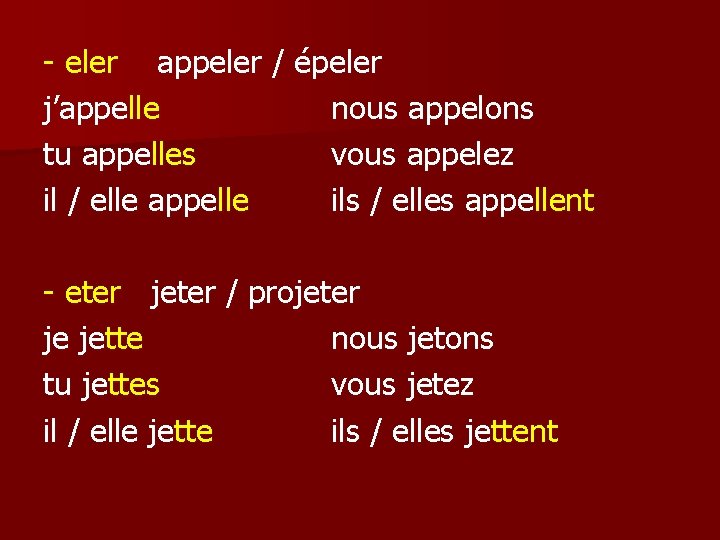 - eler appeler / épeler j’appelle nous appelons tu appelles vous appelez il /