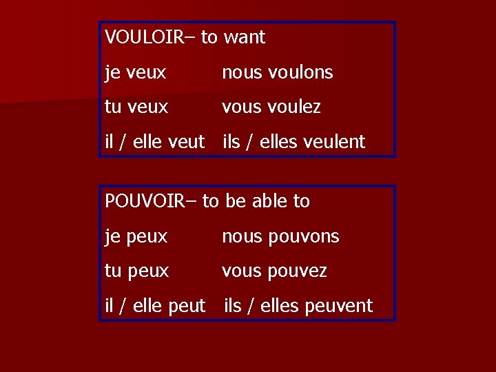 VOULOIR– to want je veux nous voulons tu veux vous voulez il / elle