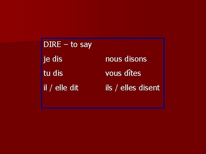 DIRE – to say je dis nous disons tu dis vous dîtes il /