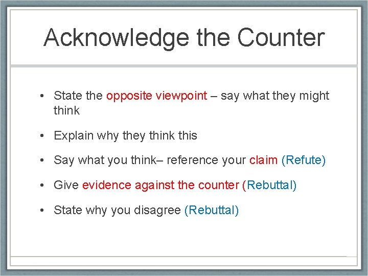 Acknowledge the Counter • State the opposite viewpoint – say what they might think
