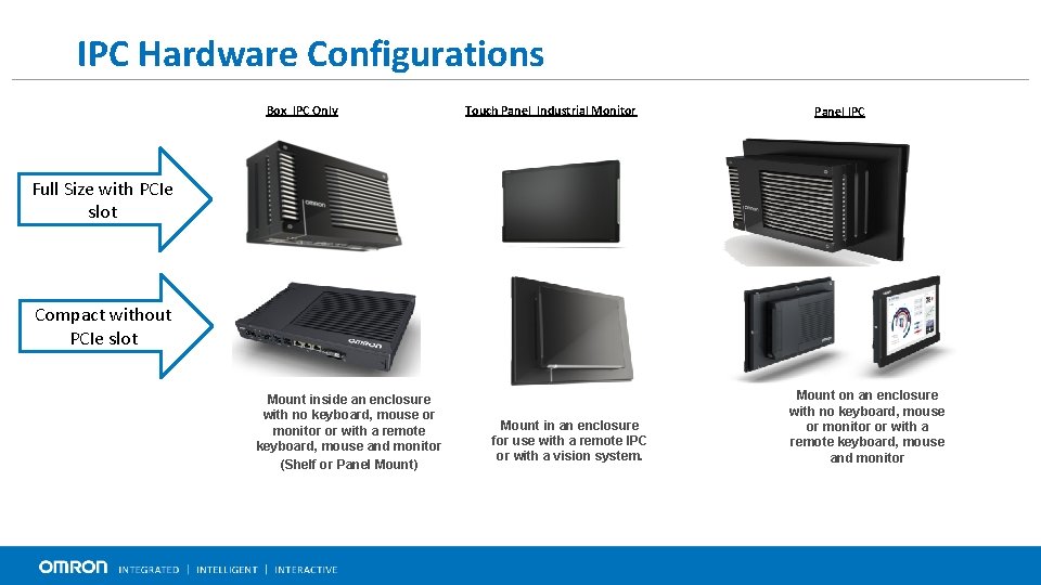 IPC Hardware Configurations Box IPC Only Touch Panel Industrial Monitor Panel IPC Full Size