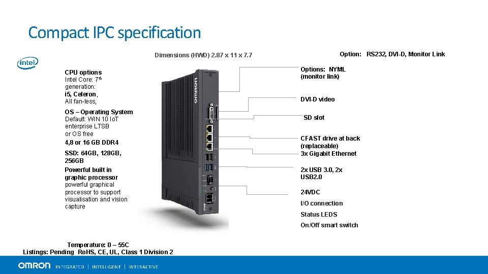 Compact IPC specification Option: RS 232, DVI-D, Monitor Link Dimensions (HWD) 2. 87 x