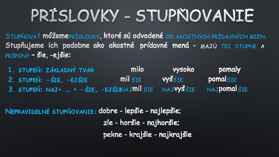 PRÍSLOVKY - STUPŇOVANIE STUPŇOVAŤ MÔŽEME PRÍSLOVKY , KTORÉ SÚ ODVODENÉ OD AKOSTNÝCH PRÍDAVNÝCH MIEN.