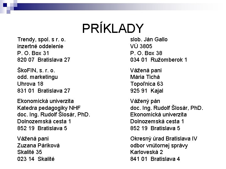 PRÍKLADY Trendy, spol. s r. o. inzertné oddelenie P. O. Box 31 820 07