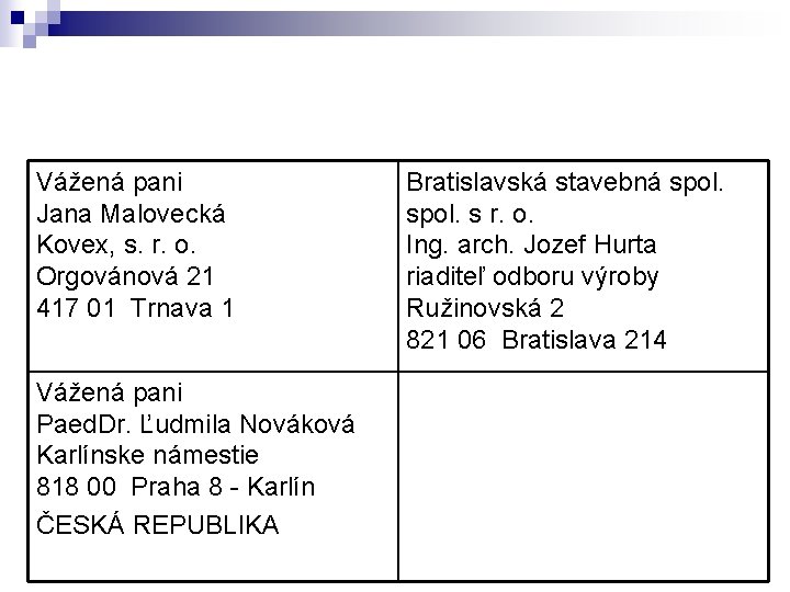 Vážená pani Jana Malovecká Kovex, s. r. o. Orgovánová 21 417 01 Trnava 1