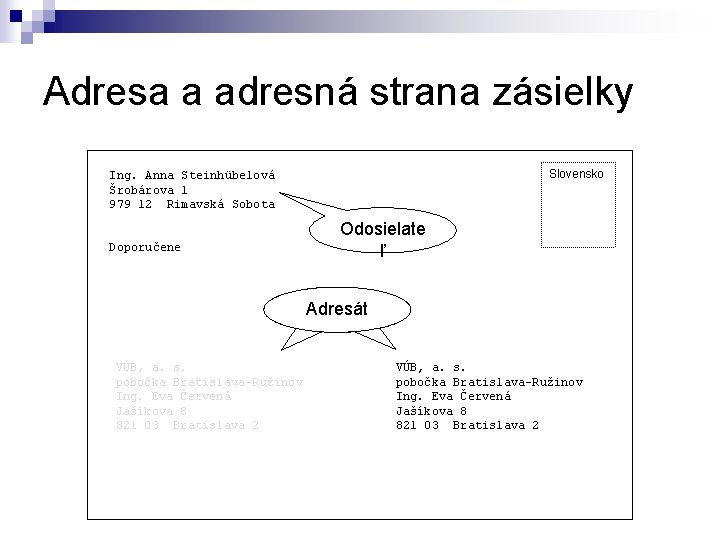 Adresa a adresná strana zásielky Slovensko Ing. Anna Steinhübelová Šrobárova 1 979 12 Rimavská