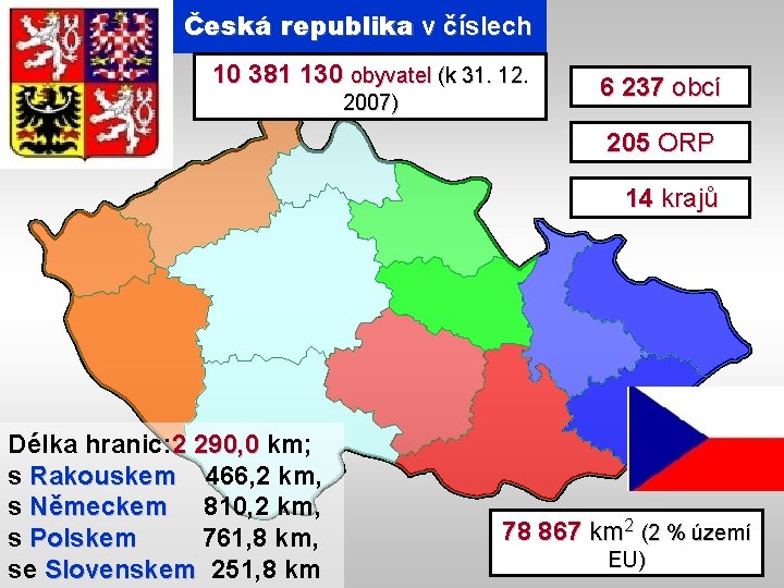 Česká republika v číslech 10 381 130 obyvatel (k 31. 12. 2007) 6 237