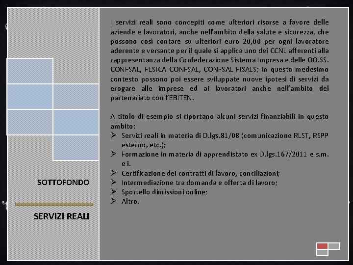 I servizi reali sono concepiti come ulteriori risorse a favore delle aziende e lavoratori,