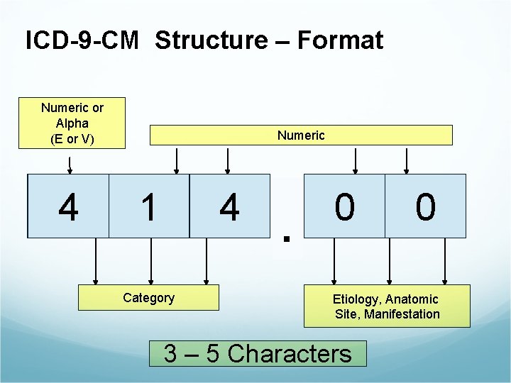 ICD-9 -CM Structure – Format Numeric or Alpha (E or V) V X E
