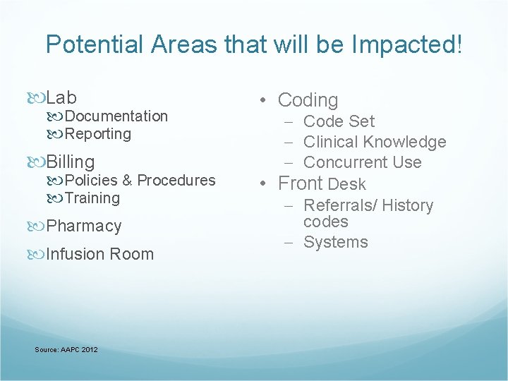 Potential Areas that will be Impacted! Lab Documentation Reporting Billing Policies & Procedures Training