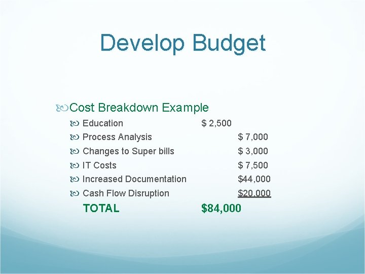 Develop Budget Cost Breakdown Example Education $ 2, 500 Process Analysis $ 7, 000