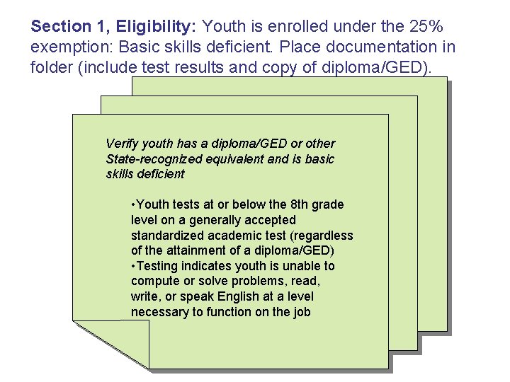Section 1, Eligibility: Youth is enrolled under the 25% exemption: Basic skills deficient. Place