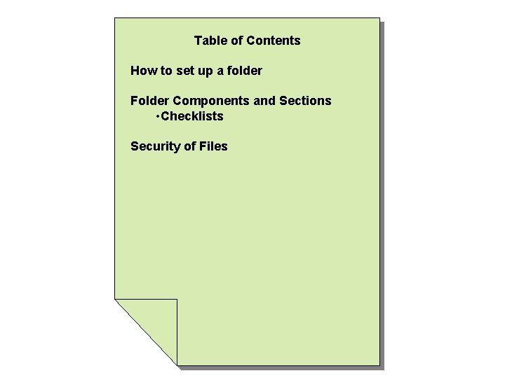 Table of Contents How to set up a folder Folder Components and Sections •