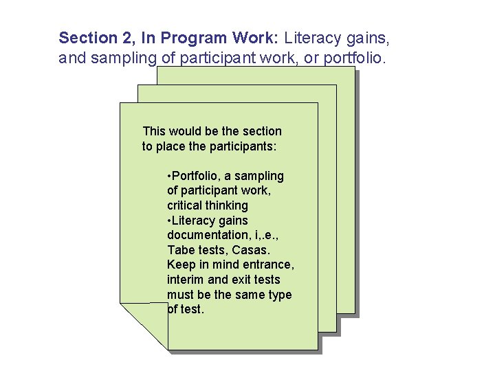 Section 2, In Program Work: Literacy gains, and sampling of participant work, or portfolio.