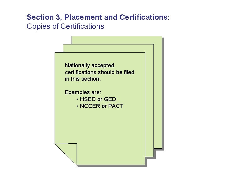 Section 3, Placement and Certifications: Copies of Certifications Nationally accepted certifications should be filed